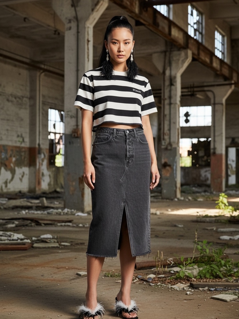 Reformation Wilder relaxed midi Denim black wash raw hem Skirt with Front Slit
